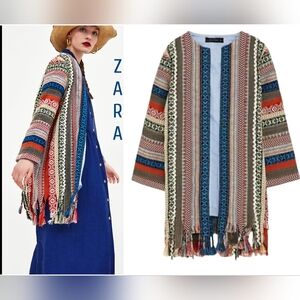 Zara Boho Aztec Print Fringe Embroidered Jackquard Coat Size XS